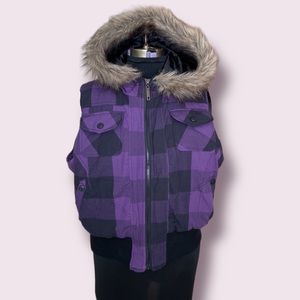 Last Kiss Purple & Black Buffalo Plaid Hooded Puffer Vest Sz 2X